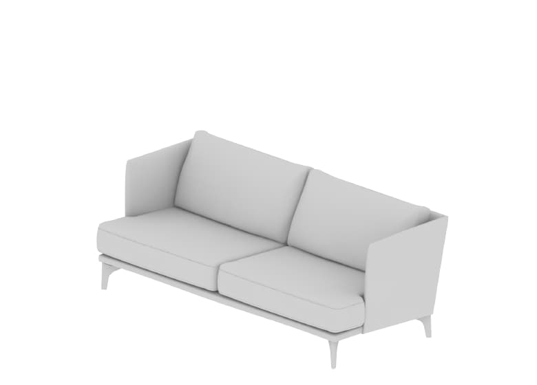 3D-Modell eines grauen Sofas mit hoher Arm- und Rückenlehne und zwei Sitzflächen.