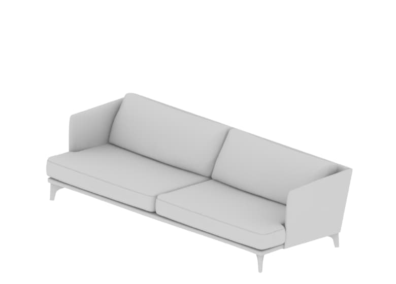 3D-Modell eines grauen Sofas mit hoher Arm- und Rückenlehne und zwei Sitzflächen.