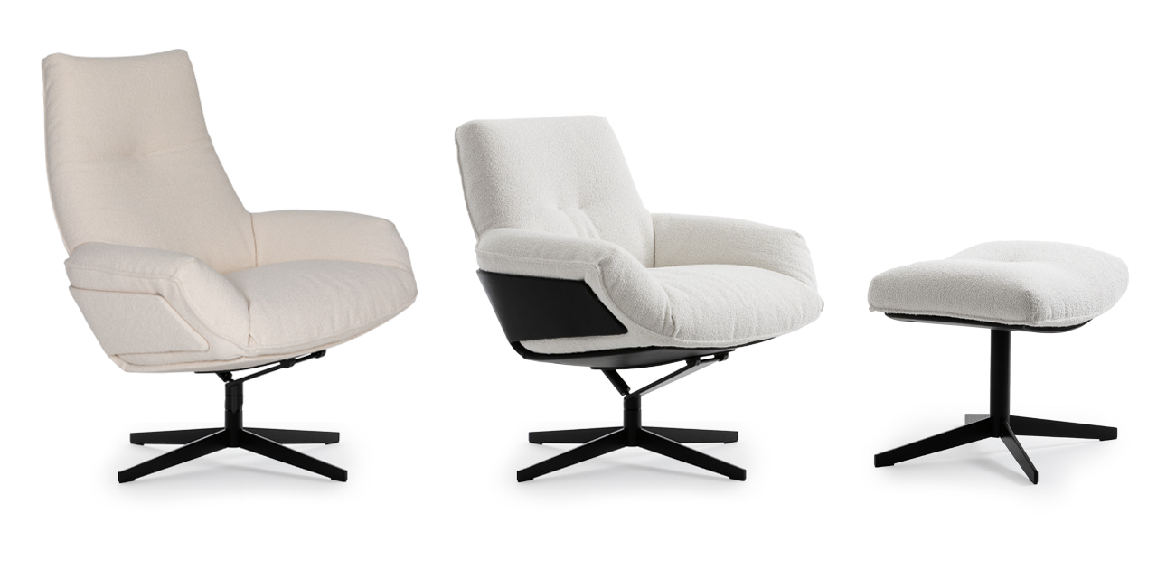 Polstersessel in zwei verschiedenen Varianten mit unterschiedlich hoher Rückenlehne und passendem Hocker.