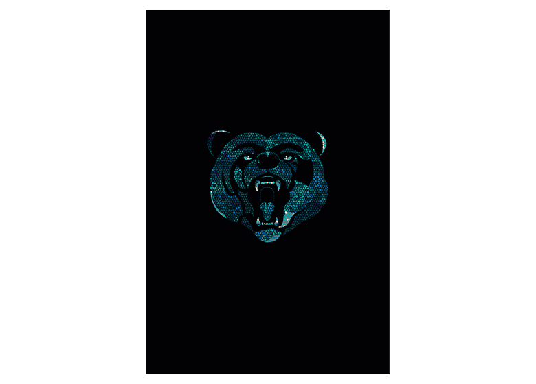 schwarzer Teppich mit türkis, blauen Bär in der Mitte